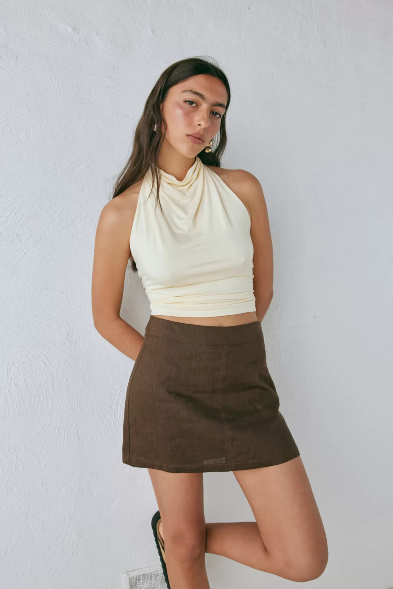 Cheap VRG GRL Blanco Linen Mini Skirt Chocolate