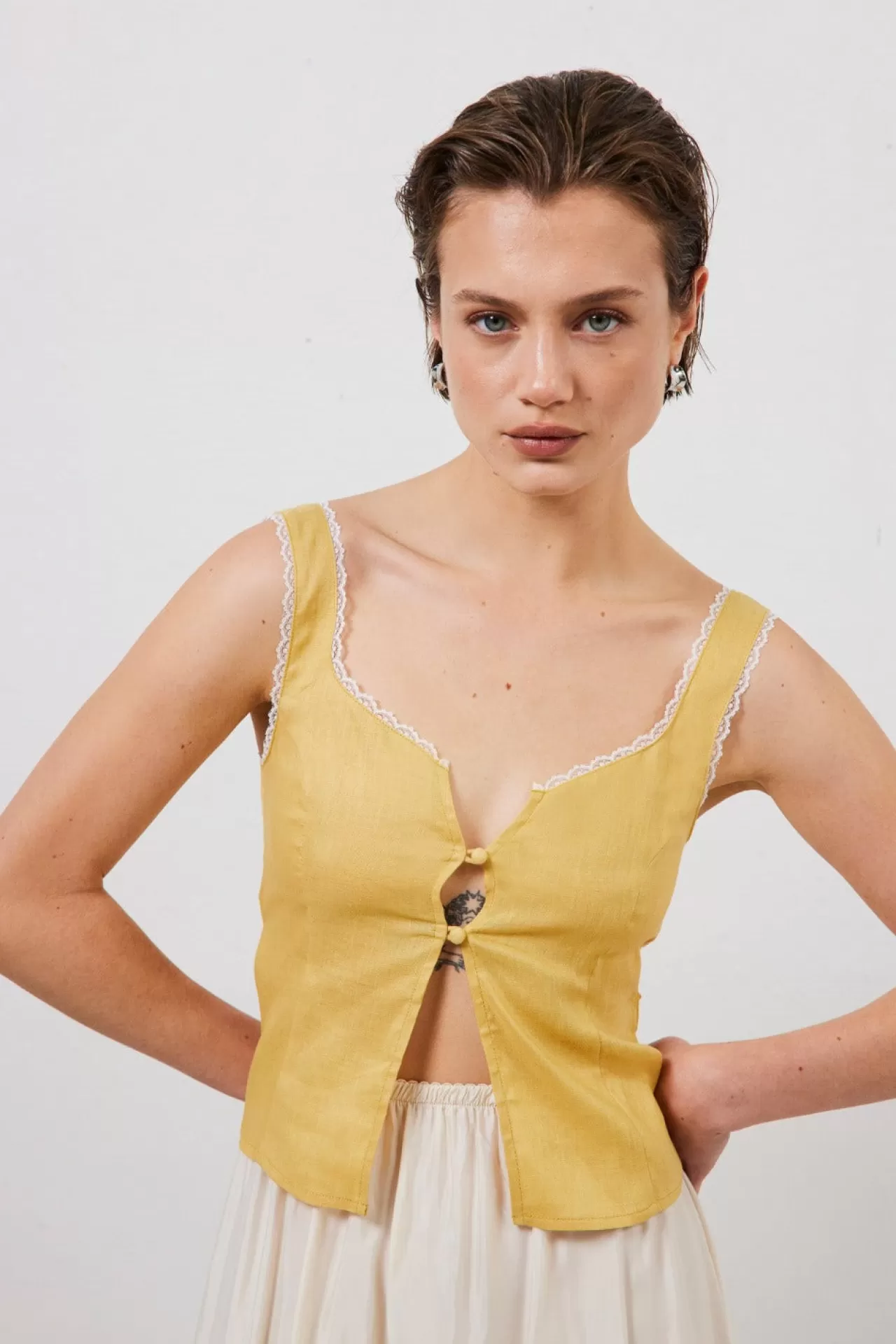 Online VRG GRL Love Language Linen Button Front Top Yellow